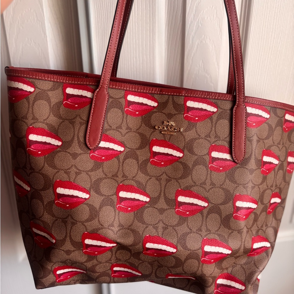 Coach Signature Brown and Red Tote! Tom Wesselmann City Tote Bag. Lips!